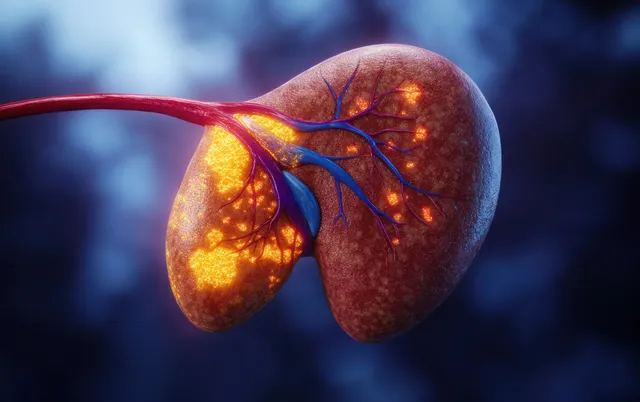 A glowing 3D liver model with fatty spots and highlighted blood vessels floating over a dark blurred background.