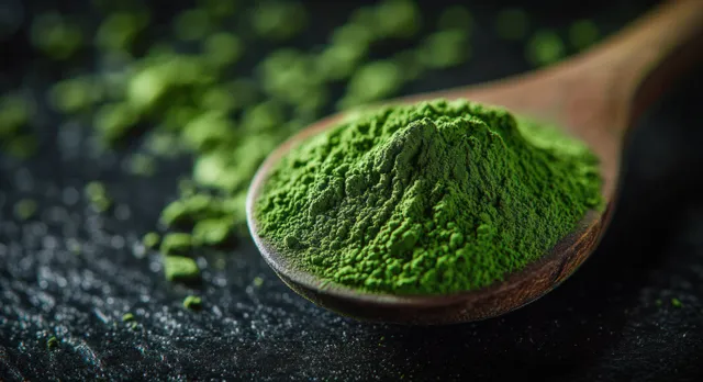 Close-up of vibrant green herbal powder on a wooden spoon, fine grains on dark surface