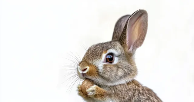 Close-up rabbit portrait on white background with soft light and detailed fur texture