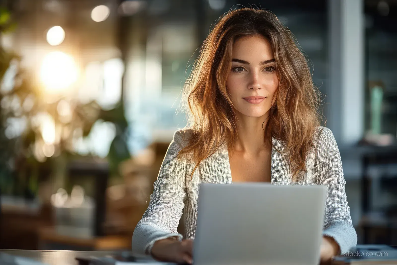 Woman working on a laptop at a desk in a softly lit modern office.