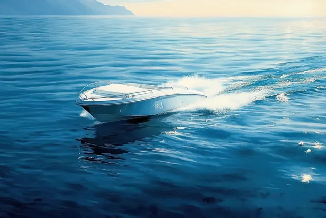 White speedboat racing across calm blue sea, leaving a foamy wake and horizon mountains