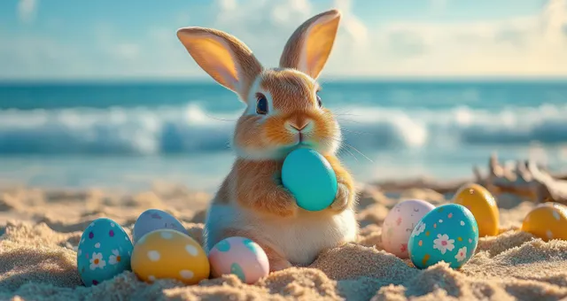 A brown and white rabbit holds a bright blue Easter egg on sandy beach with decorated eggs nearby.
