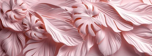 Layered pink monstera leaves cover the background with soft wavy line details and pastel texture.