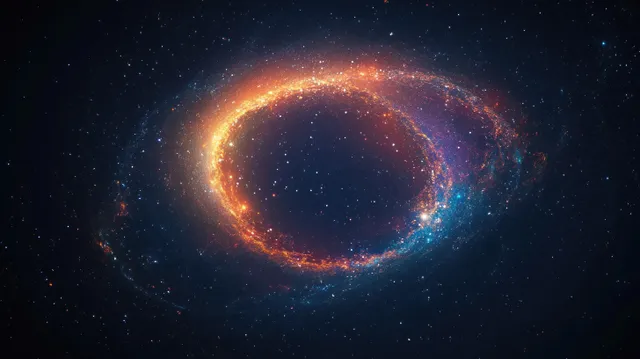 A glowing orange and blue star ring floats in dark deep space with scattered tiny stars.