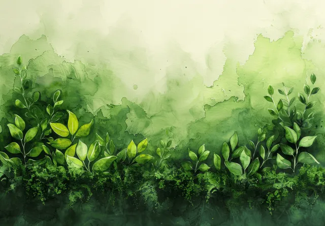 Lush green watercolor foliage on misty abstract background