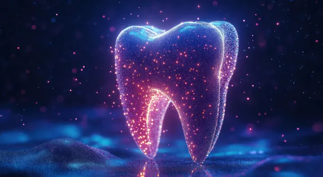 Glowing digital 3D tooth model with neon particles floating in a dark sci-fi space
