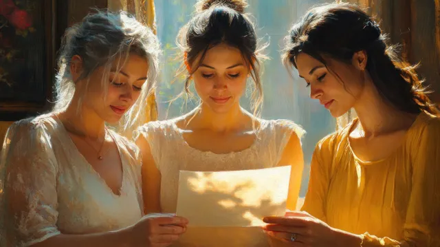 Family Celebration with Three Women Sharing a Card and Flowers in a Cozy Home