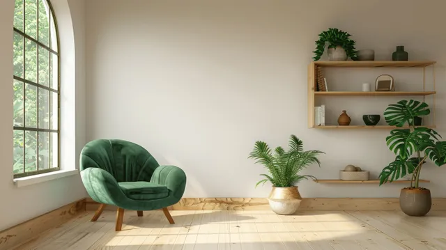 A minimalist 3D rendering of a living room with a green armchair, wooden wall shelf, and potted plants in soft daylight.