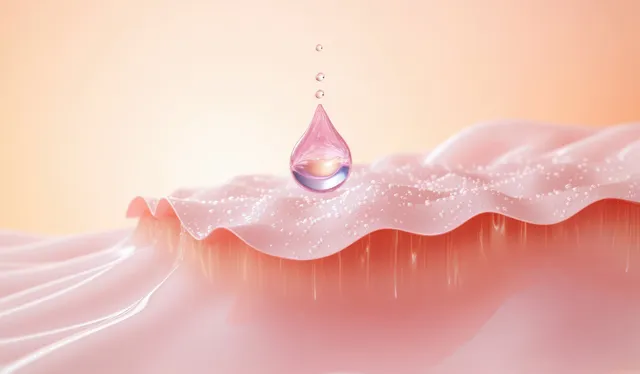 A 3D serum droplet floats above translucent gel waves with small water beads on a peach pastel background.