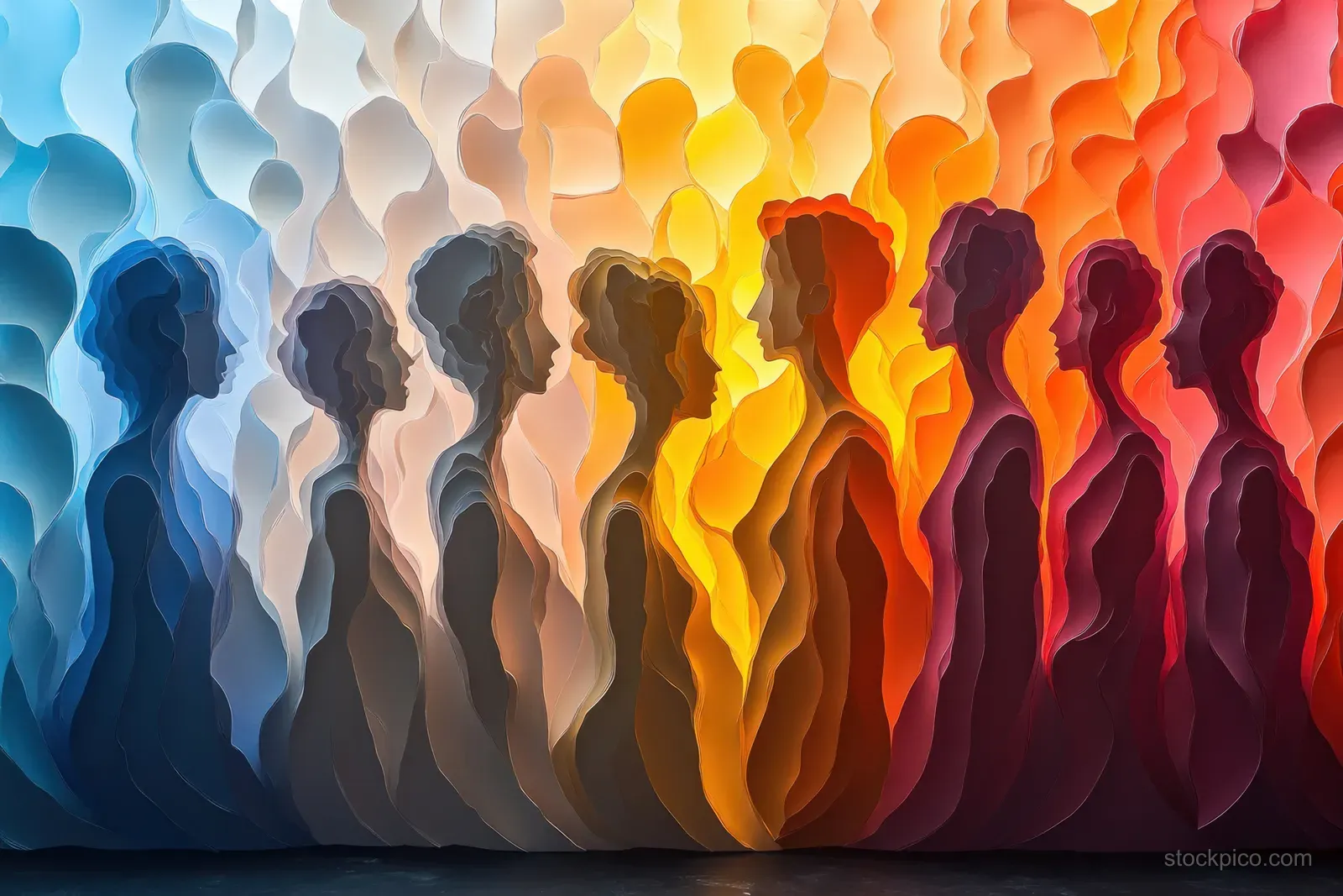 Colorful paper-cut silhouettes of diverse people stand together in a community crowd with layered shadows.
