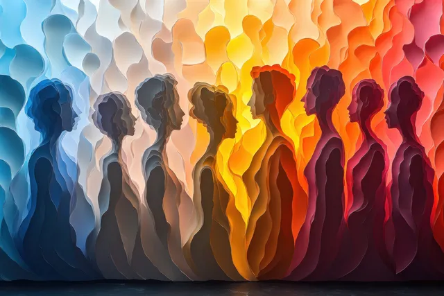 Colorful paper-cut silhouettes of diverse people stand together in a community crowd with layered shadows.