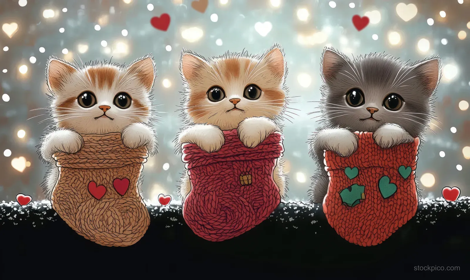 Three kittens peek from knitted stockings decorated with red hearts against a glowing bokeh background.