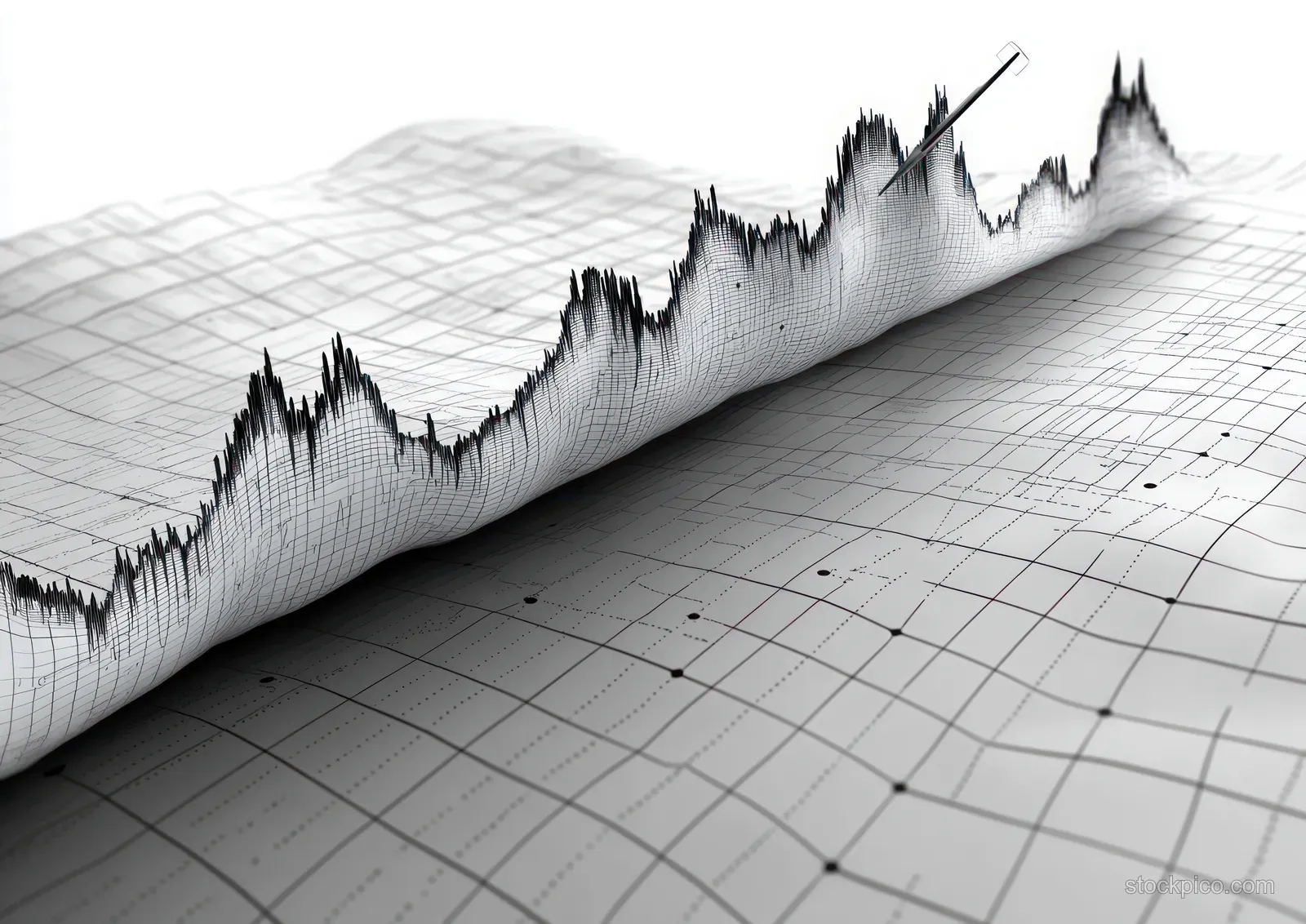 A rolled 3D grid shows a jagged black line graph fluctuating upward across a numeric statistical surface.