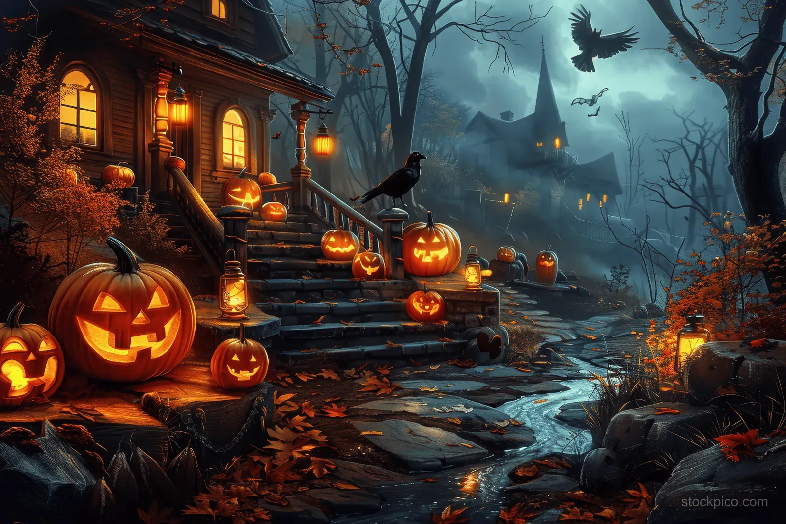 Glowing jack-o’-lanterns and bats surround a haunted house entrance under foggy Halloween night skies.