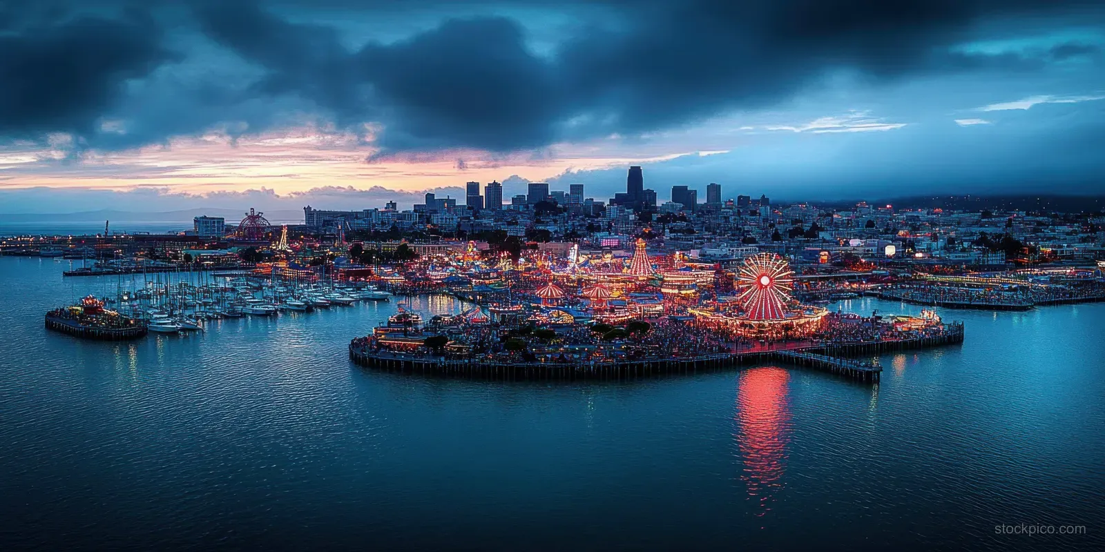 Twilight aerial view of a waterfront skyline with marina boats and a brightly lit ferris wheel.