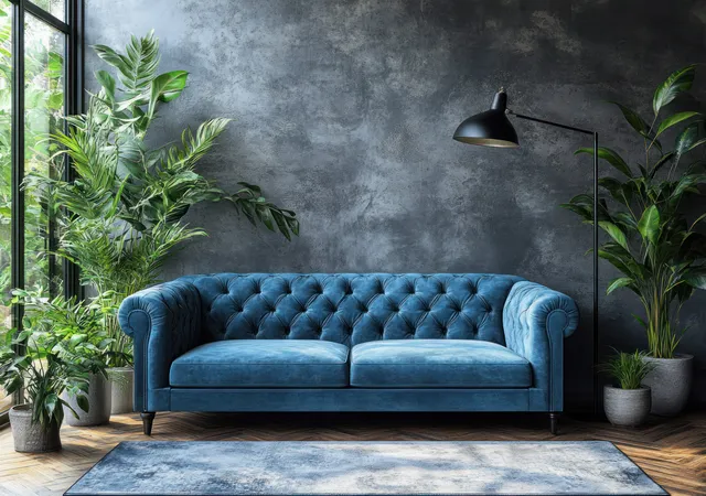 Blue tufted velvet sofa in a minimalist living room with dark gray walls, plants, lamp, and a patterned rug.