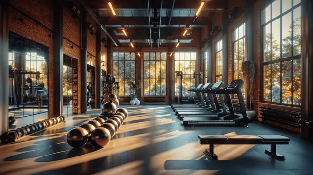 Industrial gym interior shows a bench press, dumbbells and exercise balls beside treadmills under panoramic windows.