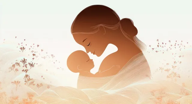 Uma mãe amamentando embala seu bebê em arte linear minimalista com luz pastel suave e pequenos pontos florais.