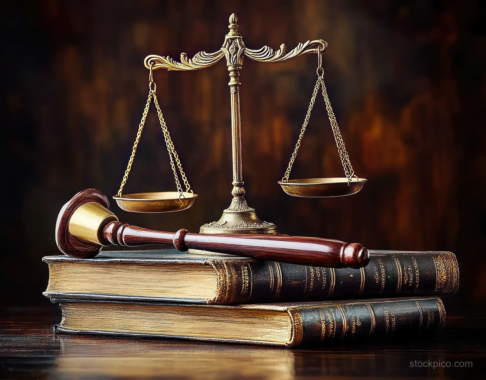 Antique justice scales balanced on stacked leather law books with a wooden judge gavel resting on top.