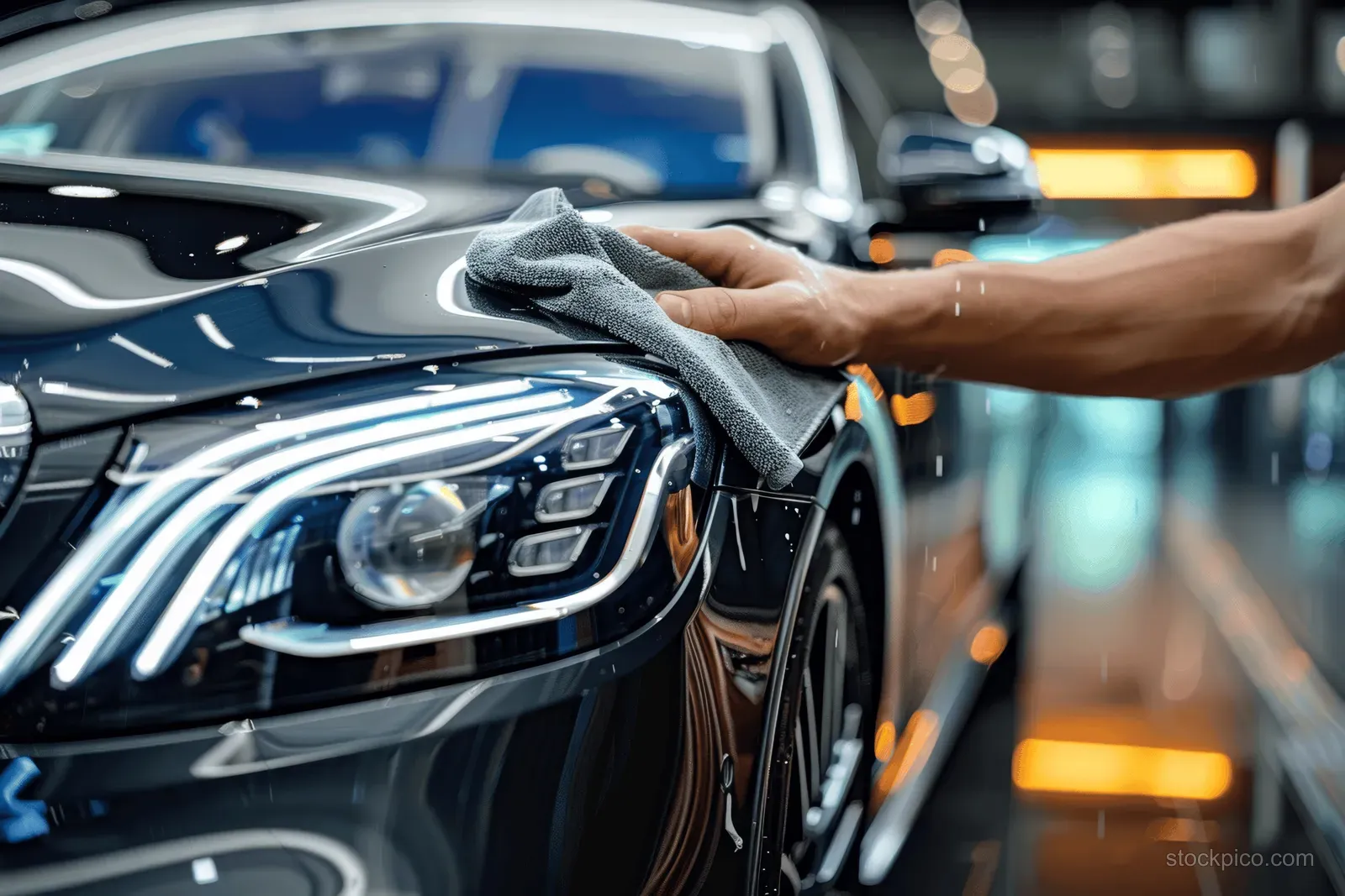 A man buffs a black luxury car headlight with a microfiber cloth in a detailing garage.