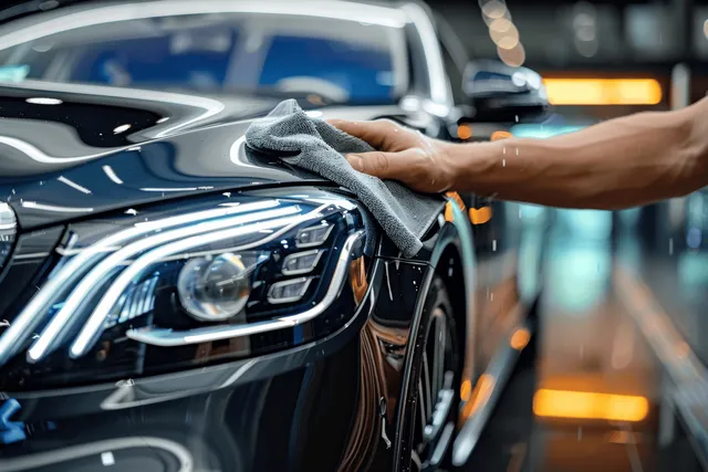A man buffs a black luxury car headlight with a microfiber cloth in a detailing garage.