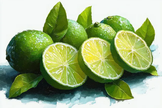 Green limes with halved wedges and water droplets rest on a white surface with green leaves nearby.