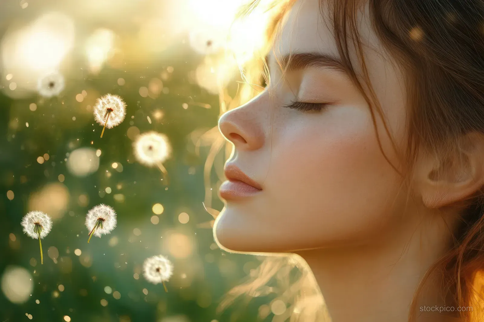 Woman with eyes closed breathing outdoors while pollen-like dandelion seeds float in golden sunlight bokeh.