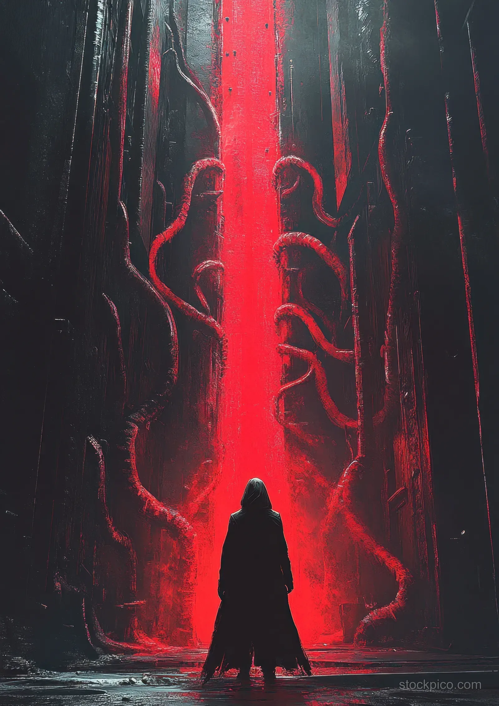 A hooded figure stands in a misty alley facing a glowing red portal framed by thorny roots.