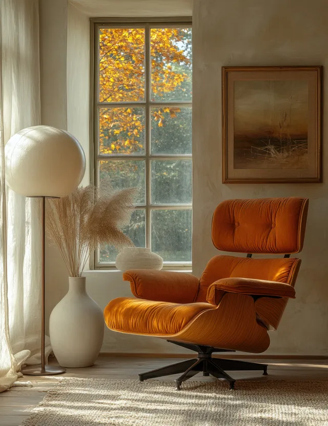 Sunlit Scandinavian living room showing a mid-century armchair, floor lamp, and a framed wall artwork by a window.