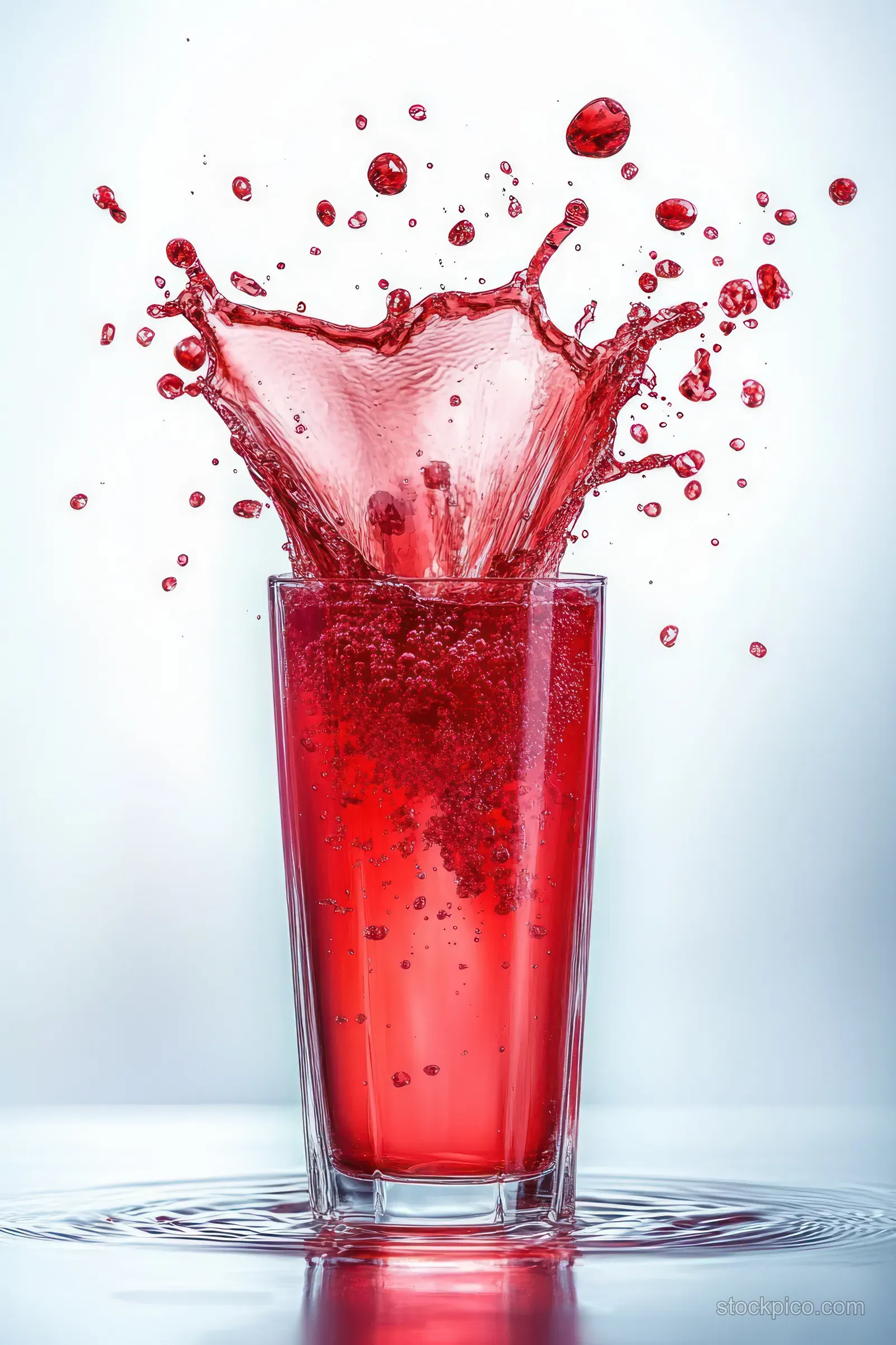 Red cherry juice splashes from a clear glass with bright droplets and a swirling splash on a white background.