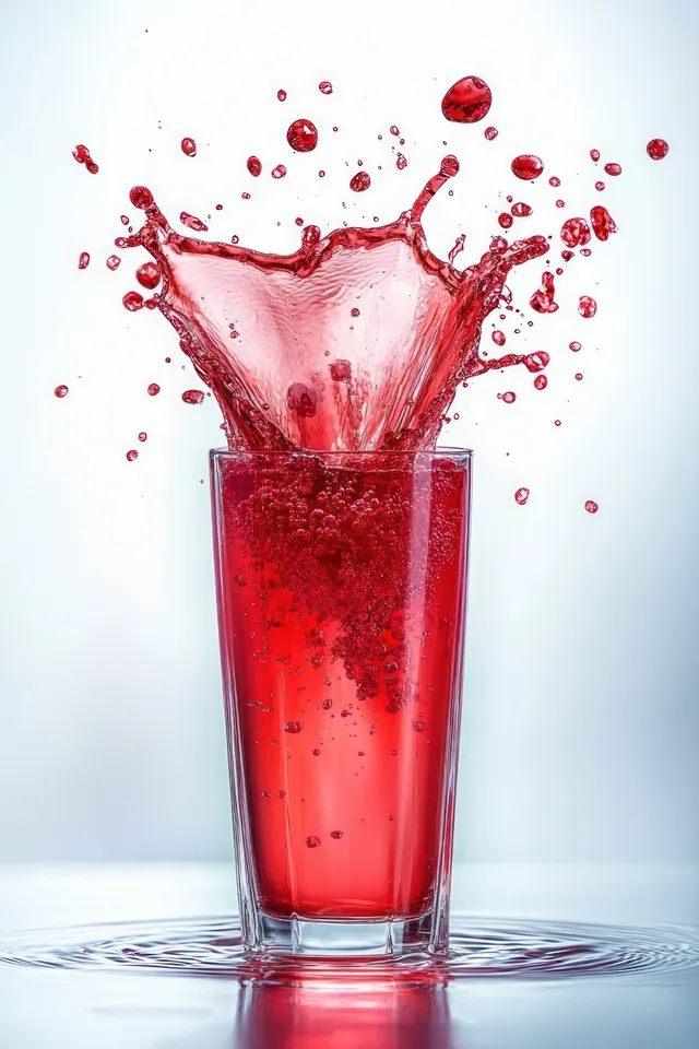 Red cherry juice splashing from a glass with bright drops on clean white background