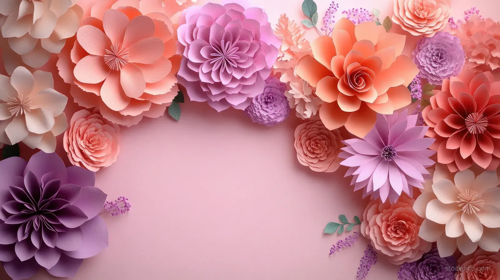 Pastel paper flowers form a decorative border around a blank pink background with small green leaf accents.