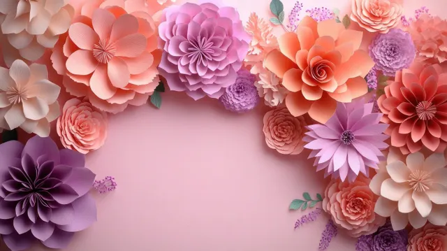 Pastel paper flowers form a decorative border around a blank pink background with small green leaf accents.