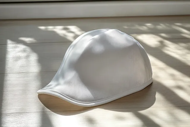 White swimming cap resting on wooden surface, natural light casting crisp shadows