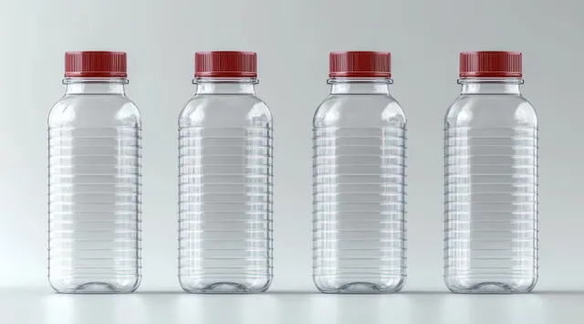 Four empty clear plastic bottles with red caps stand in a straight line on a smooth neutral surface.