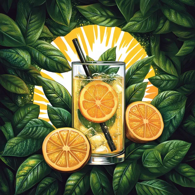 Clear glass of orange citrus drink with ice and orange slices surrounded by lush green leaves.