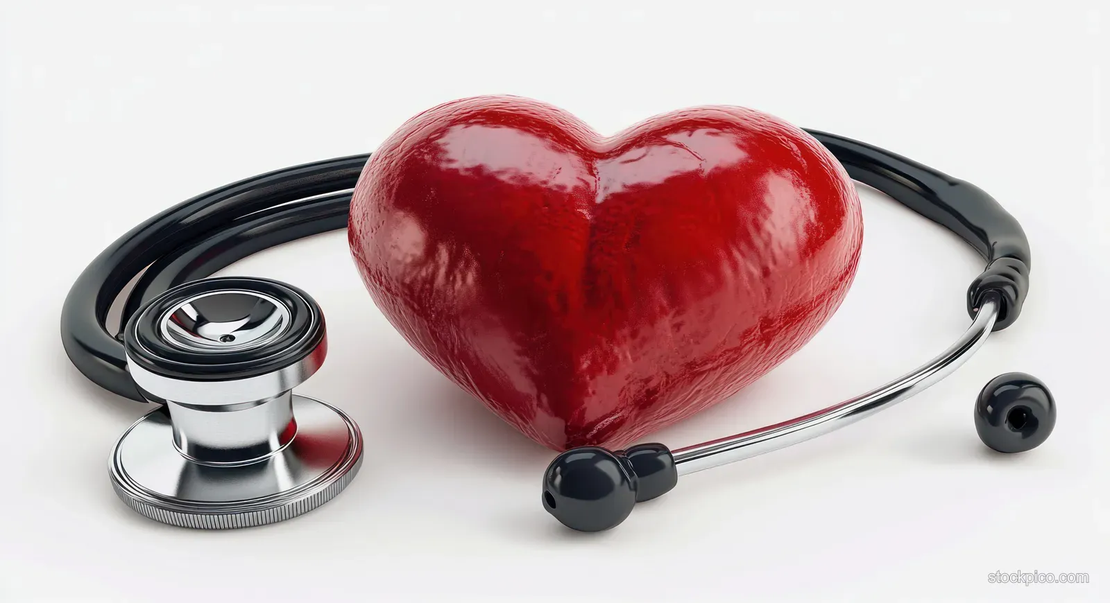Glossy red heart sculpture placed with a stethoscope on a white background for medical care concept.