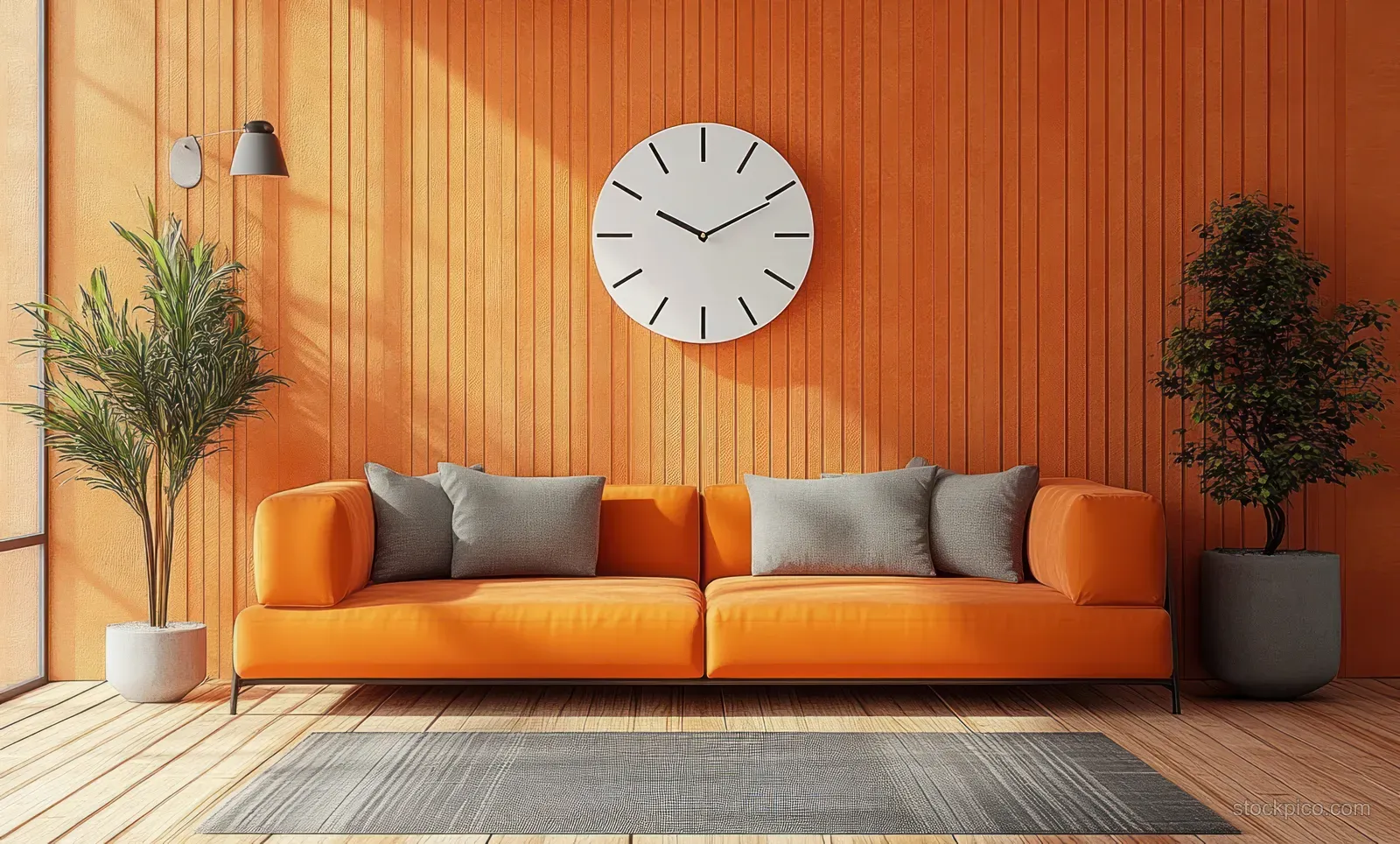 Warm sunlight casts shadows across an orange sofa with gray cushions, two potted plants, and a wall clock on a wooden paneled wall.