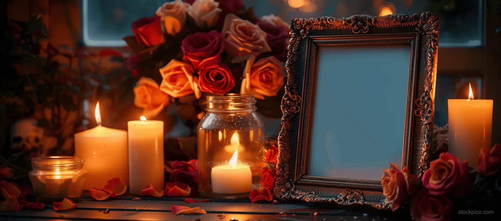 Candles and red roses surround an empty ornate picture frame on a dark Day of the Dead altar.