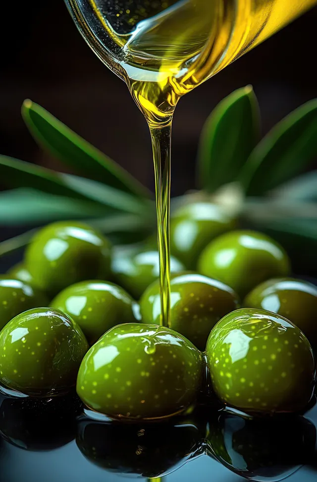 Golden olive oil pours from glass bottle onto fresh green olives with leaves behind