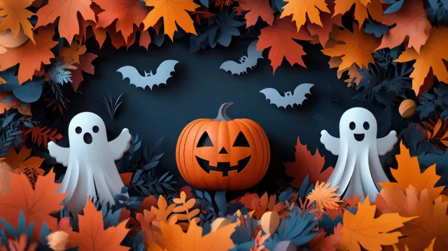 Smiling white ghosts hover around a carved pumpkin amid scattered orange and blue autumn leaves.