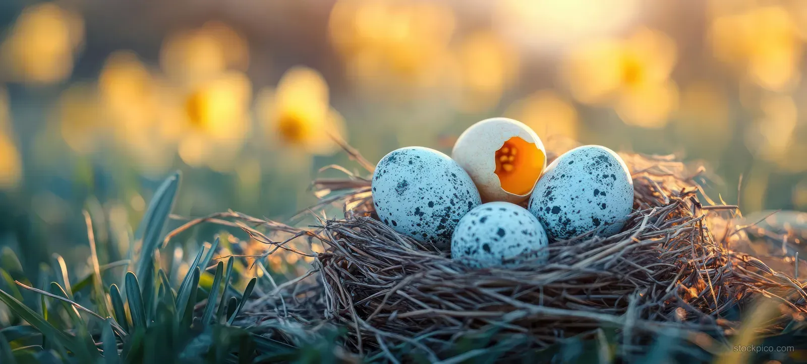 A grass nest holding blue speckled eggs with yellow daffodils blurred in the background under golden spring light.
