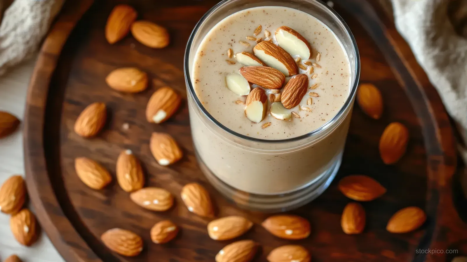 Creamy almond smoothie in a glass topped with sliced almonds on a wooden plate with scattered whole almonds.