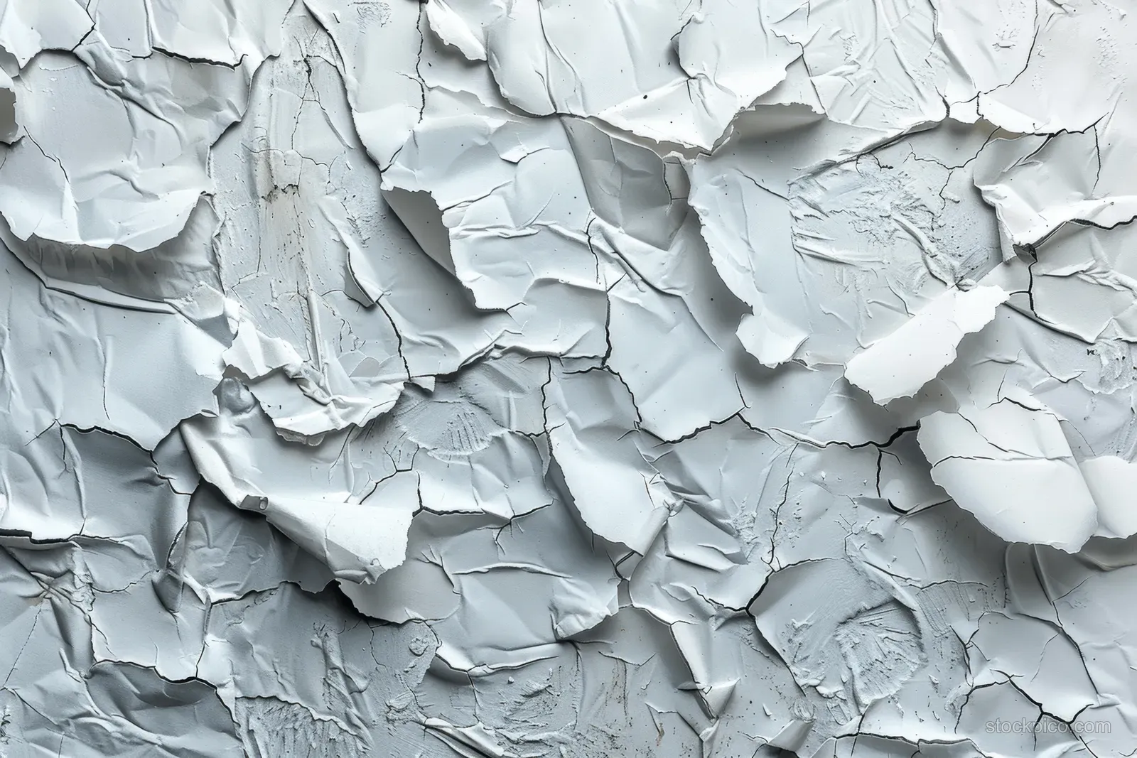Close-up of crumpled white paper texture with torn edges, peeling layers, and deep creases.