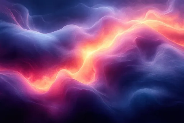 Glowing teal purple wave ribbons ripple across a dark digital nebula background