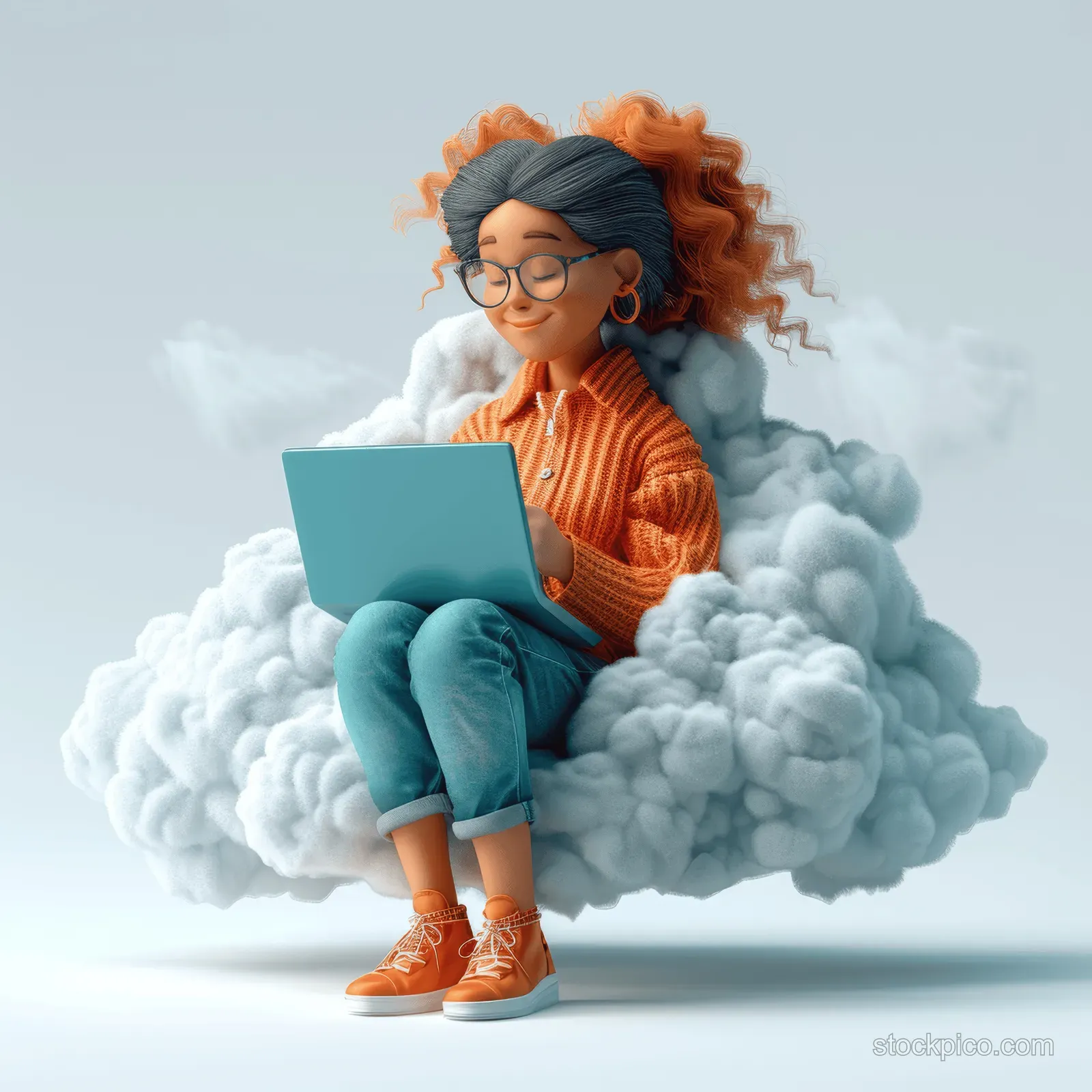 Cheerful 3D cartoon woman sitting on fluffy clouds using a laptop against a white background.