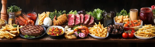 Grilled steak, fried shrimp, French fries, sauces, and fresh vegetables served together on a wooden tabletop.