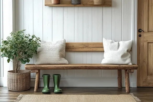 A rustic bench with cushions sits in a Scandinavian entryway beside a potted plant and green boots.