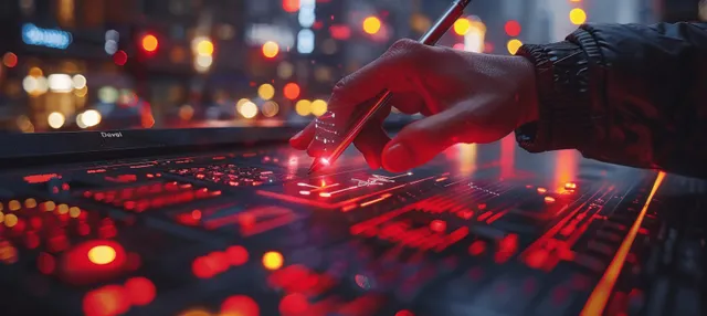 Hands hold a tablet displaying glowing sales and financial analytics over a blurred night city background.