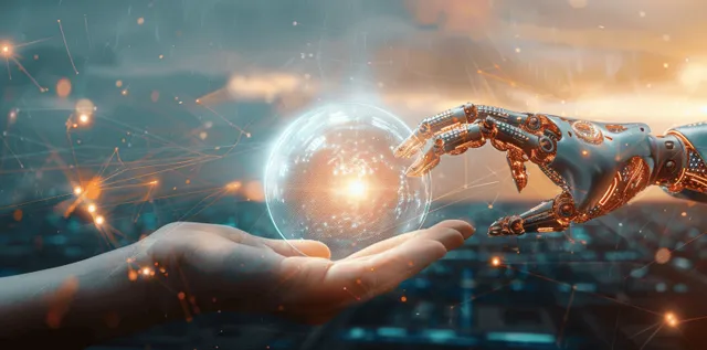Human Hand and Robot Touching Glowing Global Network Interface